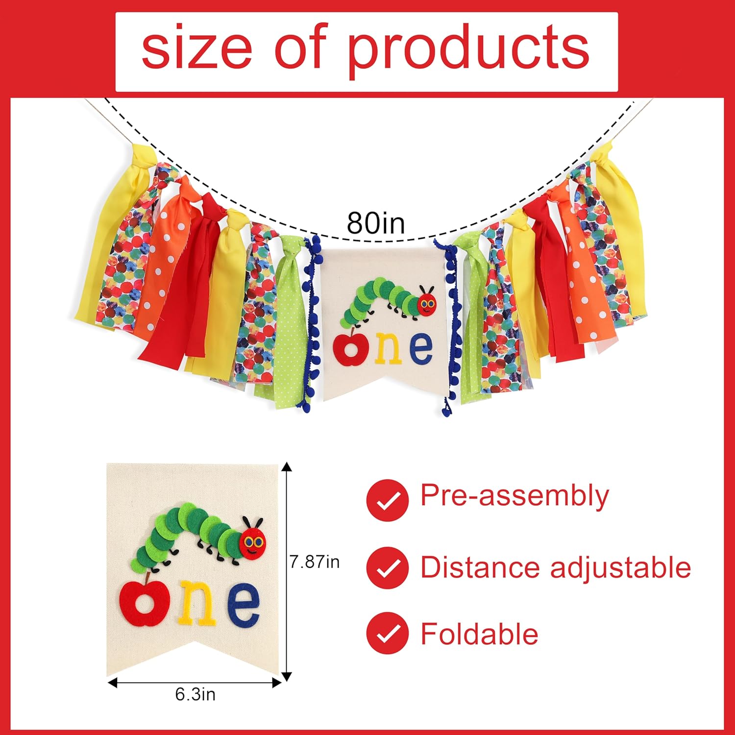 Caterpillar One High Chair Banner - Funny 1st Birthday Decorations,Hungry Caterpillar Colorful Ribbon Banner,First Fruit Birthday Highchair Garland,Colorful Cake Smash Party Photo Props