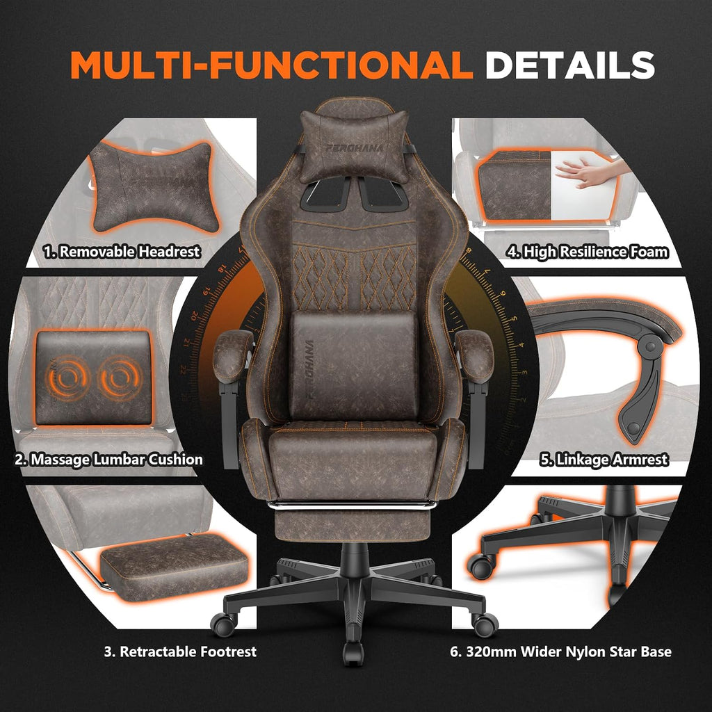 Ferghana Vintage PU Leather Gaming Chair, High Back Gamer Chair with Massage, Ergonomic Computer Office Chair with Footrest for Adults, Racing Style Reclining Video Game Chair Brown