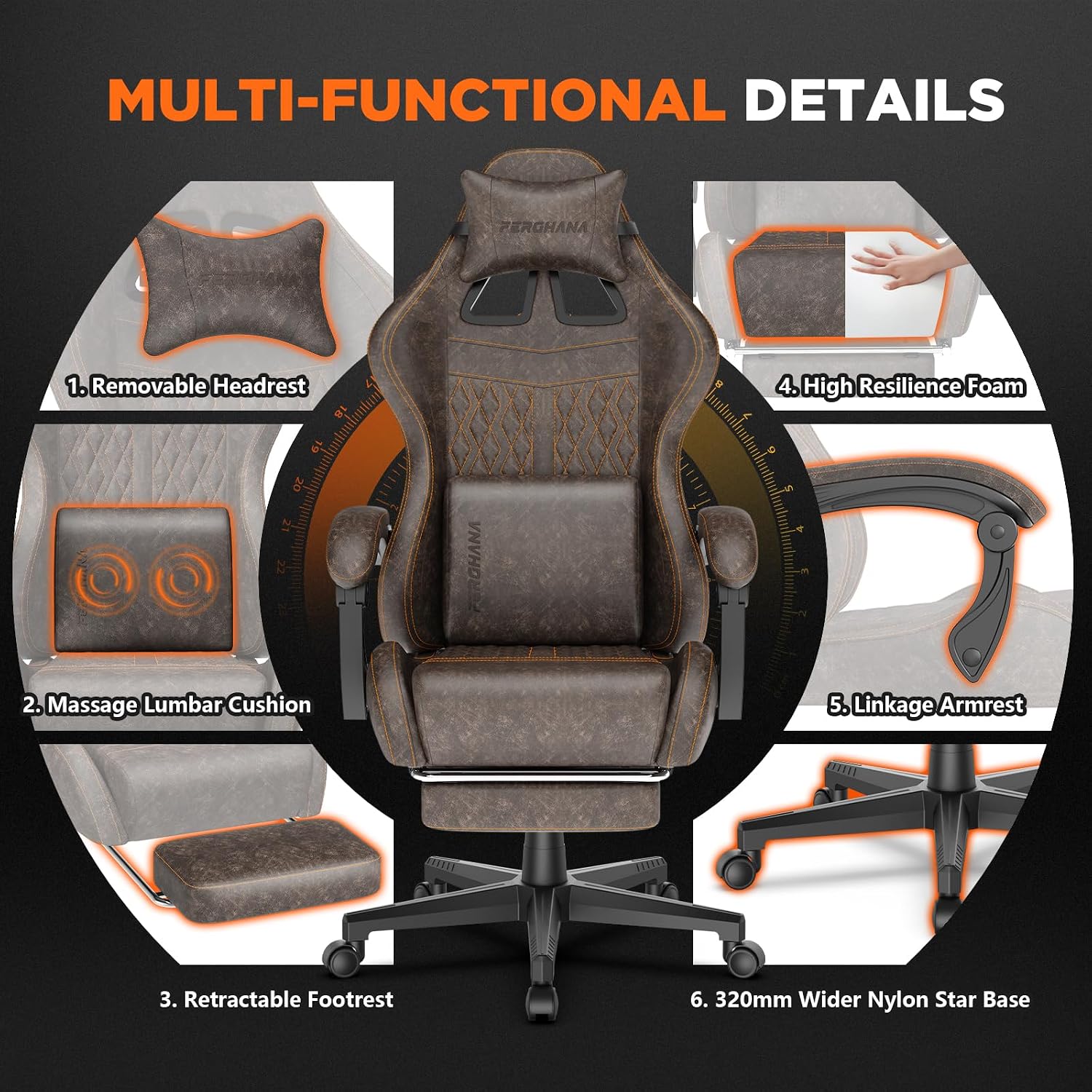 Ferghana Vintage PU Leather Gaming Chair, High Back Gamer Chair with Massage, Ergonomic Computer Office Chair with Footrest for Adults, Racing Style Reclining Video Game Chair Brown