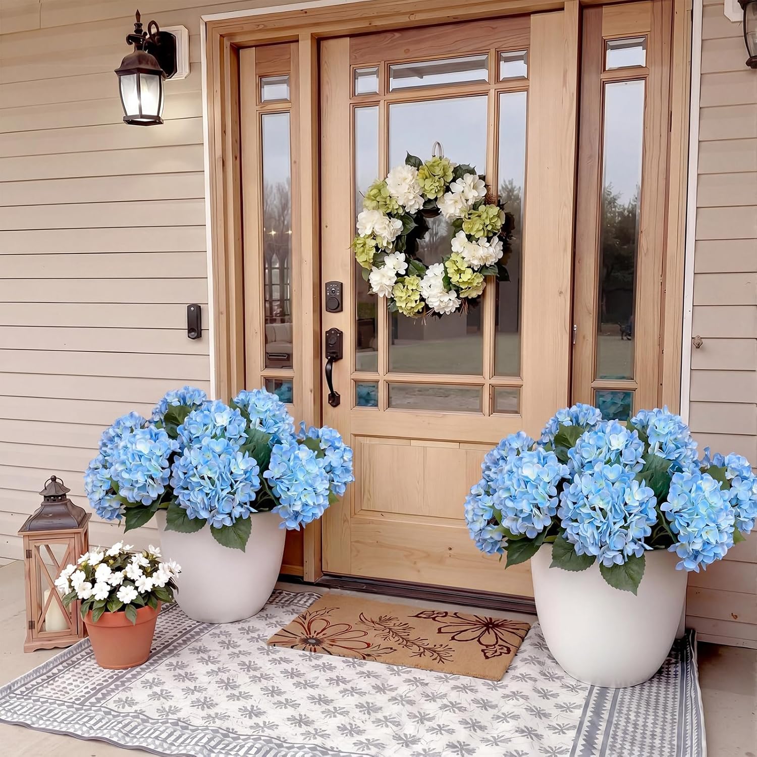 Janinka 3 Pcs Blue Artificial Hydrangea Outdoor Flowers Large Faux Hydrangea Bouquet with 3 Heads Uv-Resistant Waterproof Fake Floral for Table Centerpieces Wedding Yard Garden Decoration