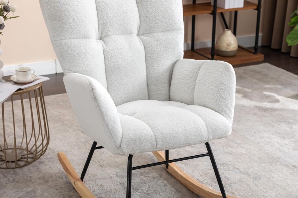 Adulto Teddy Fabric Rocking Chair Outdoor Indoor, Wooden Rocking Chair,A1 | Soft teddy fabric rocking chair with sturdy wooden frame, metal base, and floor protection. Ideal for indoor nursery, li