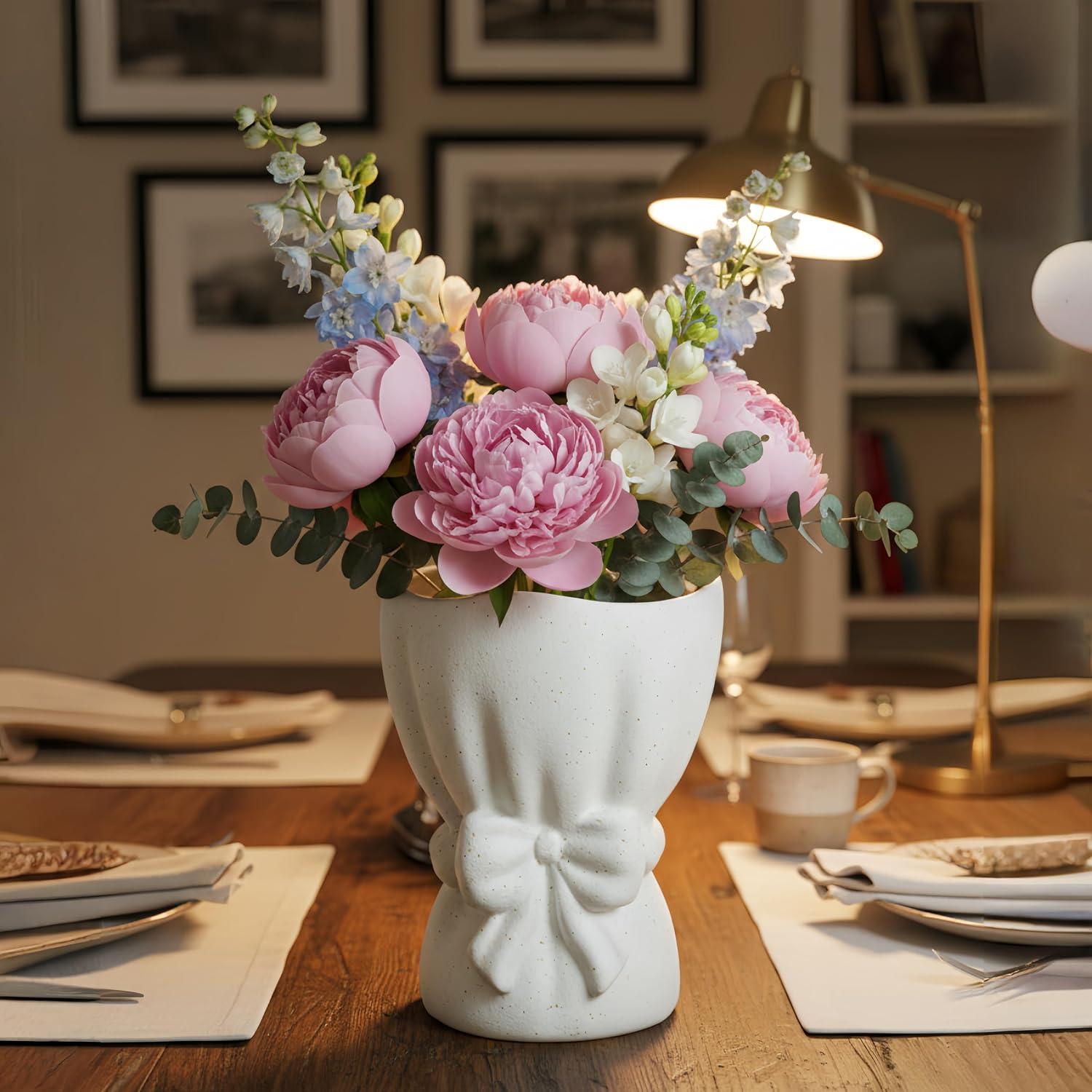 Lvases Bow Knot White Ceramic Decorative Flower Vase for Home Decor | Textured Frosted Speckled White Minimalist Vases for Bedroom Living Room Table Centerpiece Matches Fresh & Dried Flowers