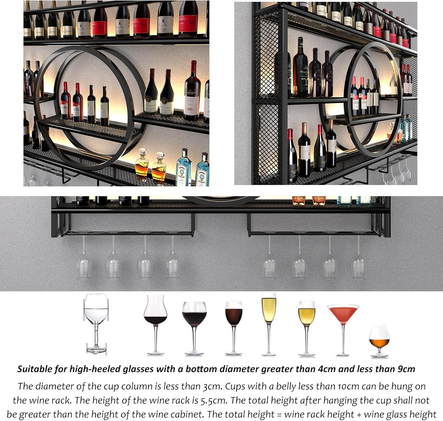 Metal Wine Rack Wall Mounted with LED Light, 3-Tier Bar Liquor Shelf with Wine Glass Holder, Modern Large Capacity Liquor Bottle Display Storage Shelf for Home Bar, Dining Room (Black, 100*80*15)