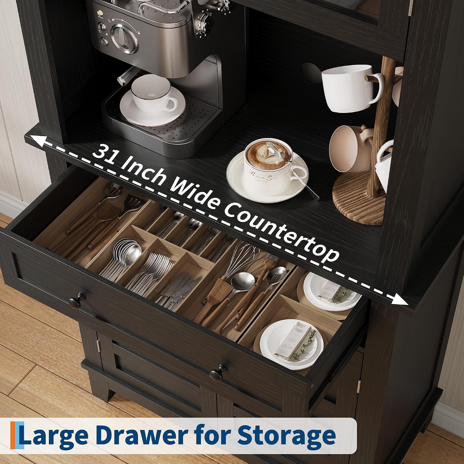 Garvee 72 in Tall Kitchen Pantry Cabinet, Kitchen Hutch Bar Cabinet with Microwave Stand, Cupboard with Drawers Glass Doors for Dining Room, Living Room, Dark Black