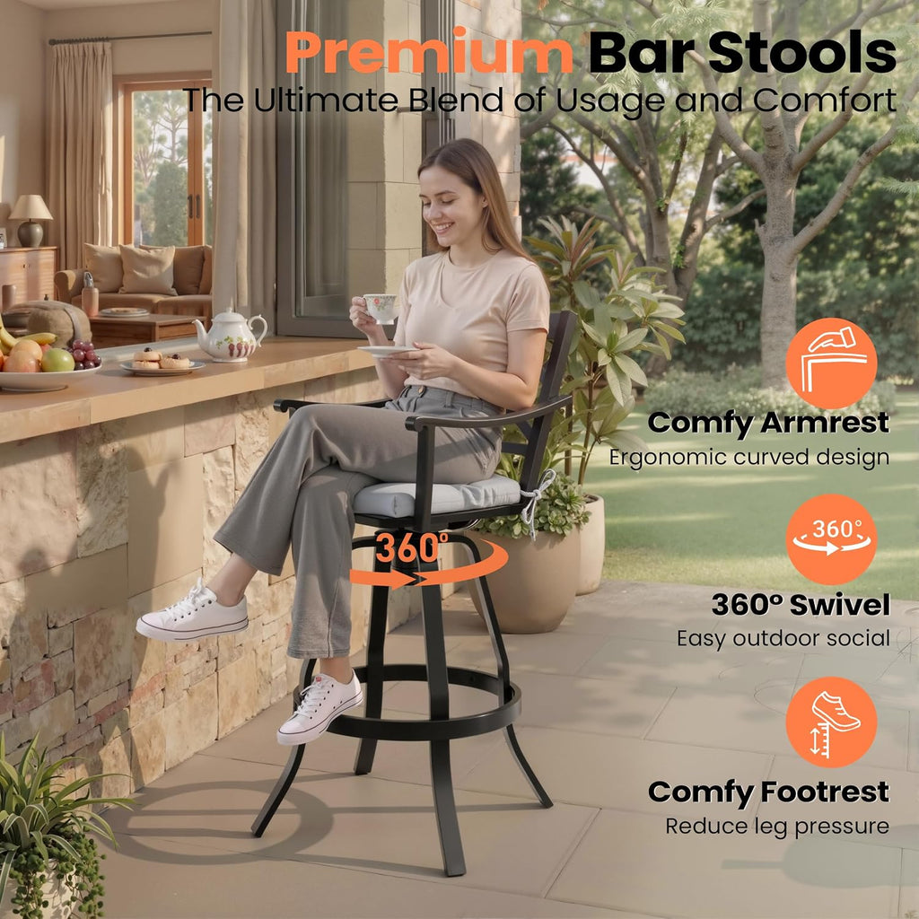 Pellebant Swivel Aluminum Outdoor Bar Stools Set of 2, 30" Patio Bar Height Bar Stools with Sunbrella Cushion & Back, Anti-Rust Barstools for Deck Backyard Garden, Cast Silver