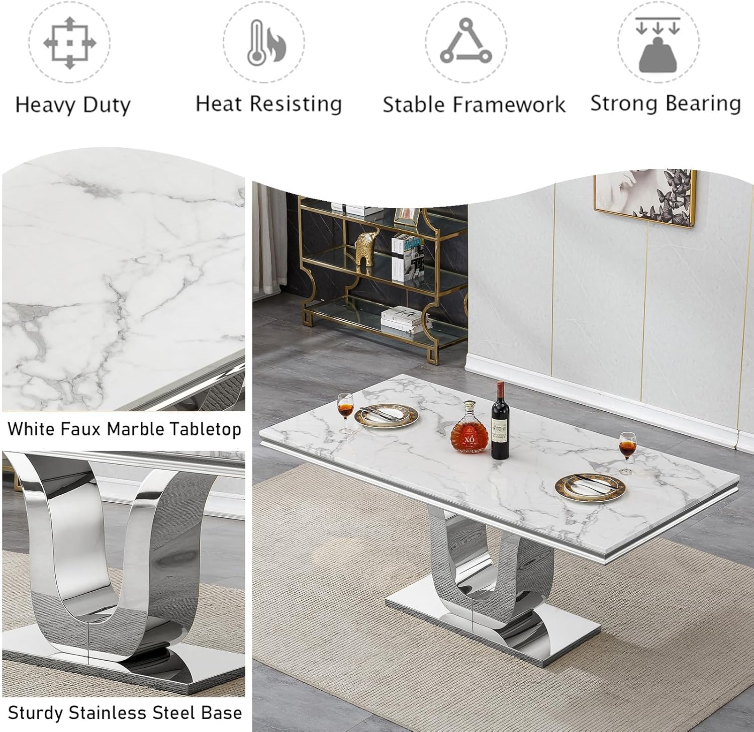 Modern White Dining Table for 6, U-Shape Stainless Steel Base, Marble Dining Room Table for 4-6, 68''L x 34''W Faux Marble Tabletop, Sturdy High Gloss Base, Rectangular Home Kitchen Table