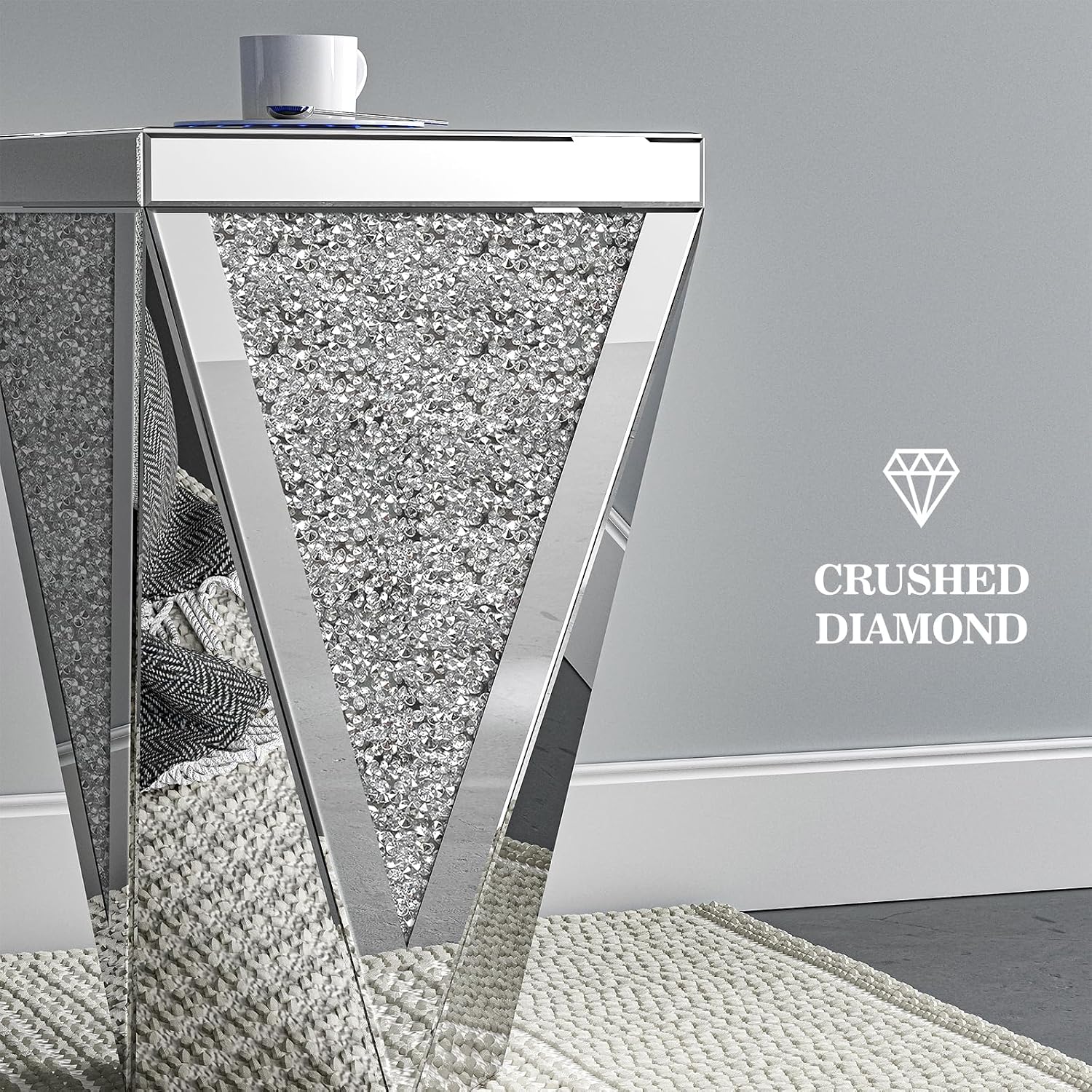 IKIFLY Set of 2 Mirrored End Table with Infinity Lights, Silver Nightstand with Crushed Diamond, Modern Side Table for Office Living Room Bedroom (Remote Control Included)