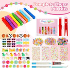 50 Set Personalized Cheer Pins Spirit Clip Kit, Wooden Color Clothespins with 200 Beads, 58 Resin Charms & Gem Stickers, DIY Team Spirit Pins Making Kit for Sports Party, Classroom & Cheer Events