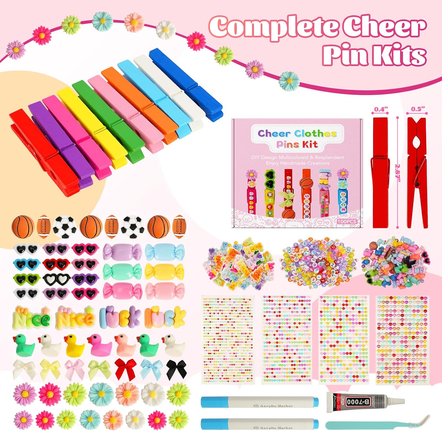 50 Set Personalized Cheer Pins Spirit Clip Kit, Wooden Color Clothespins with 200 Beads, 58 Resin Charms & Gem Stickers, DIY Team Spirit Pins Making Kit for Sports Party, Classroom & Cheer Events