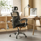 Desk Chair with Foot Rest, High-Back Mesh Office Chair with Wheels, Reclining Gaming Chair with Headrest and Adjustable Lumbar Support, 90°-130° Reclining, for Home Office and Gaming, Classic Black