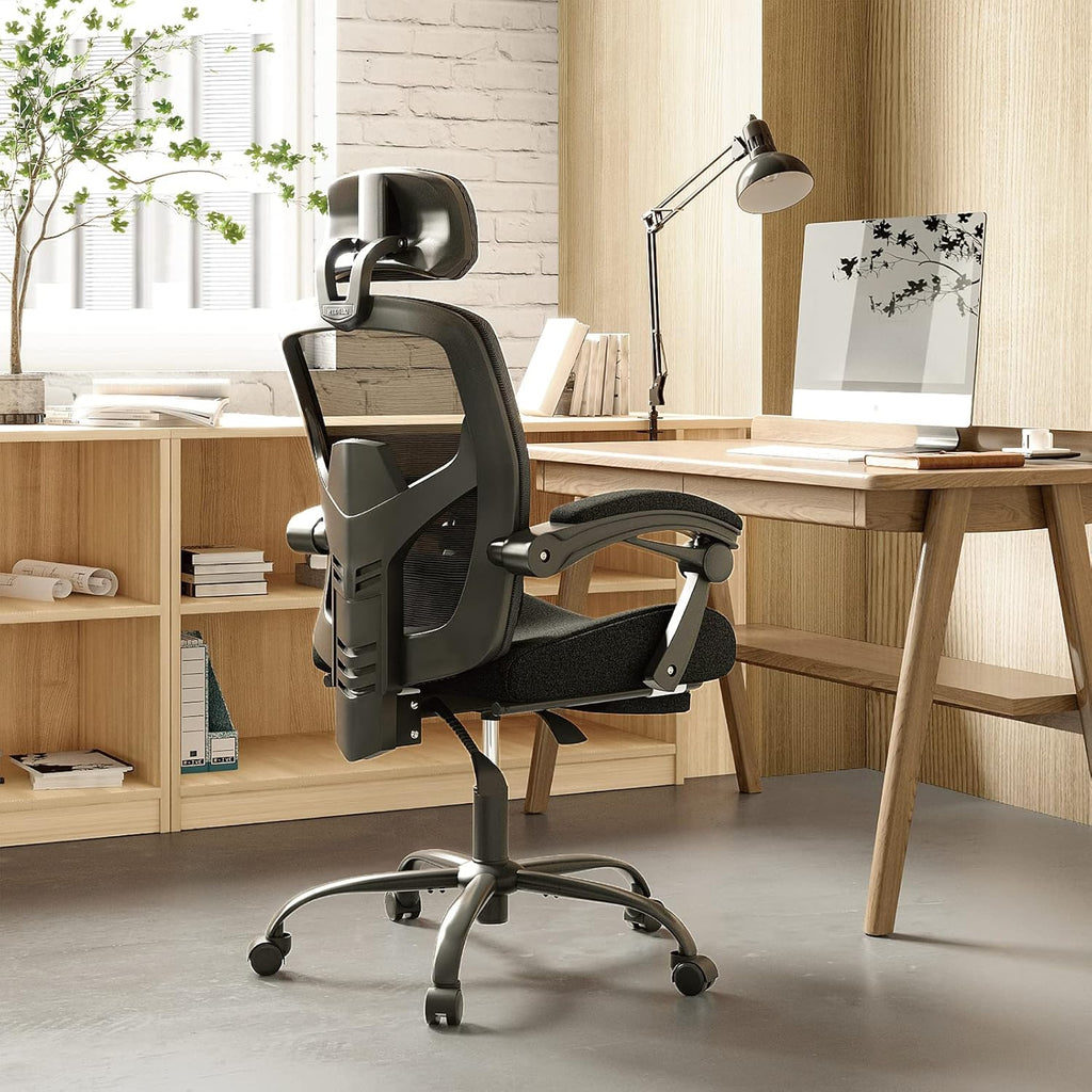 Desk Chair with Foot Rest, High-Back Mesh Office Chair with Wheels, Reclining Gaming Chair with Headrest and Adjustable Lumbar Support, 90°-130° Reclining, for Home Office and Gaming, Classic Black