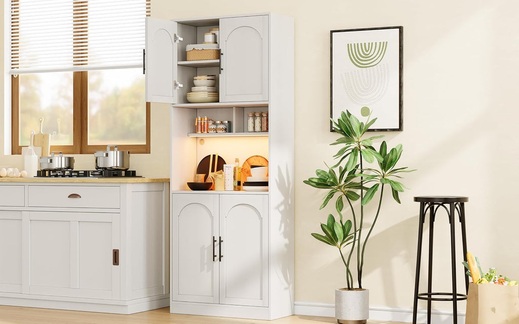 71" Pantry Cabinet with LED Light, Kitchen Pantry Storage Cabinet with Microwave Stand Anti-Tip Device, Modern Farmhouse Kitchen Cupboard Hutch for Living Room, Dining Room, Bathroom
