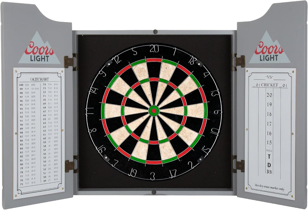 Dart Board Cabinet Set - Coors Light Logo Dart Board with 6 Steel Tip Darts, Scoreboard, Hanging Wood Cupboard by Trademark Gameroom