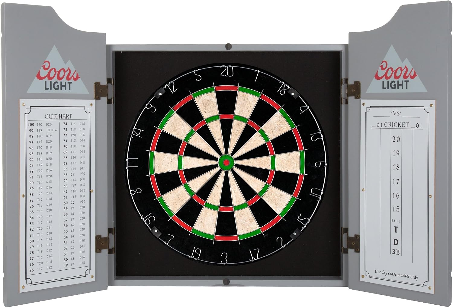 Dart Board Cabinet Set - Coors Light Logo Dart Board with 6 Steel Tip Darts, Scoreboard, Hanging Wood Cupboard by Trademark Gameroom