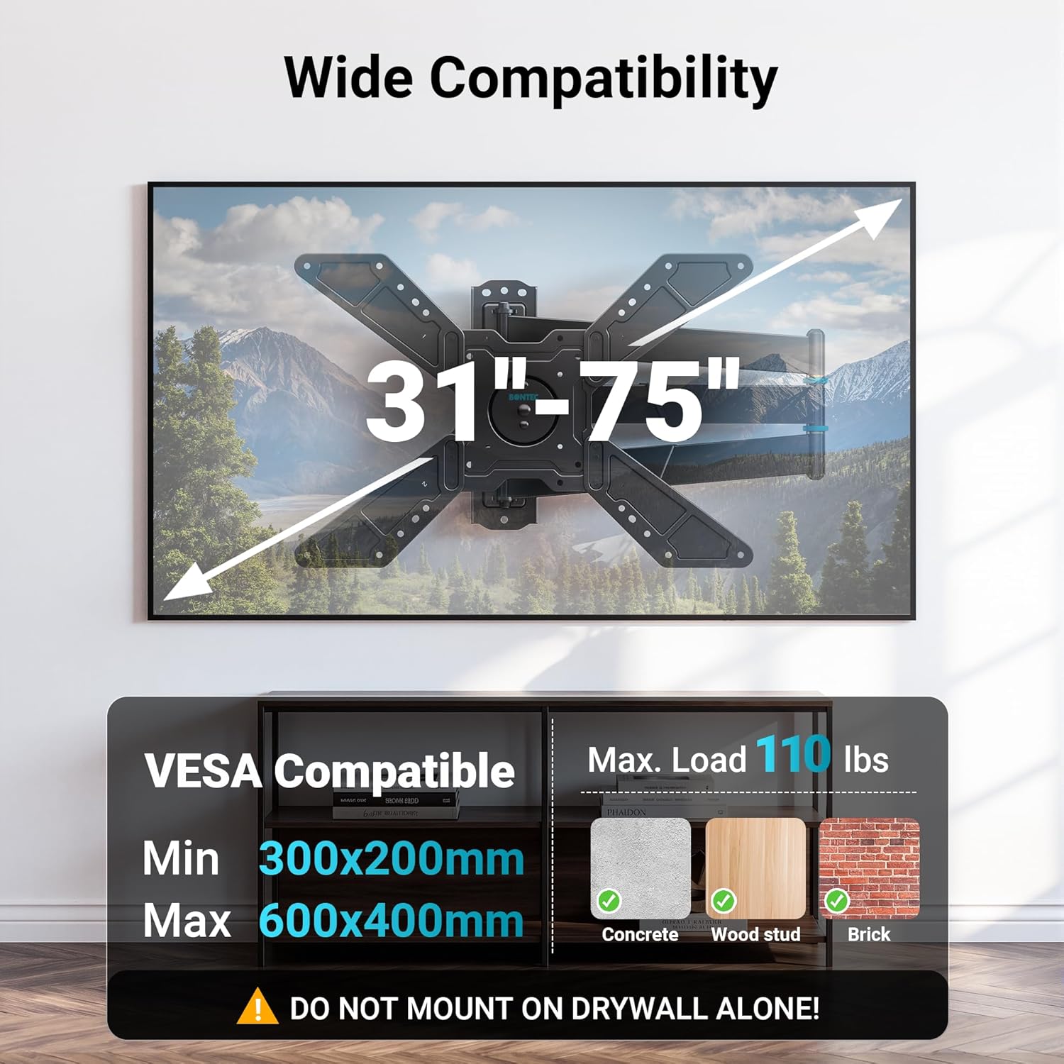 BONTEC Full Motion Corner TV Wall Mount for 31-75 Inch TVs, 33 in Long Arm Wall Mount Bracket, Swivel and Tilt with Landscape to Portrait Rotation, Holds 110 lbs, Heavy Duty Steel, Max VESA 600x400 mm
