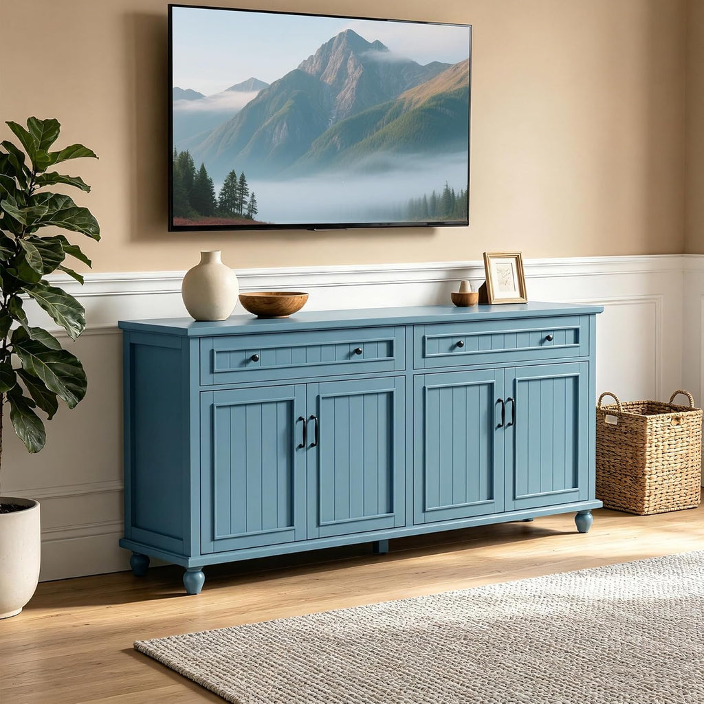 Scurrty Sideboard Buffet Cabinet, 62'' Large Storage Cabinet with Drawers and 4 Doors, Vintage Coffee Bar Cabinets with Adjustable Shelf for Kitchen, Living Room, Blue