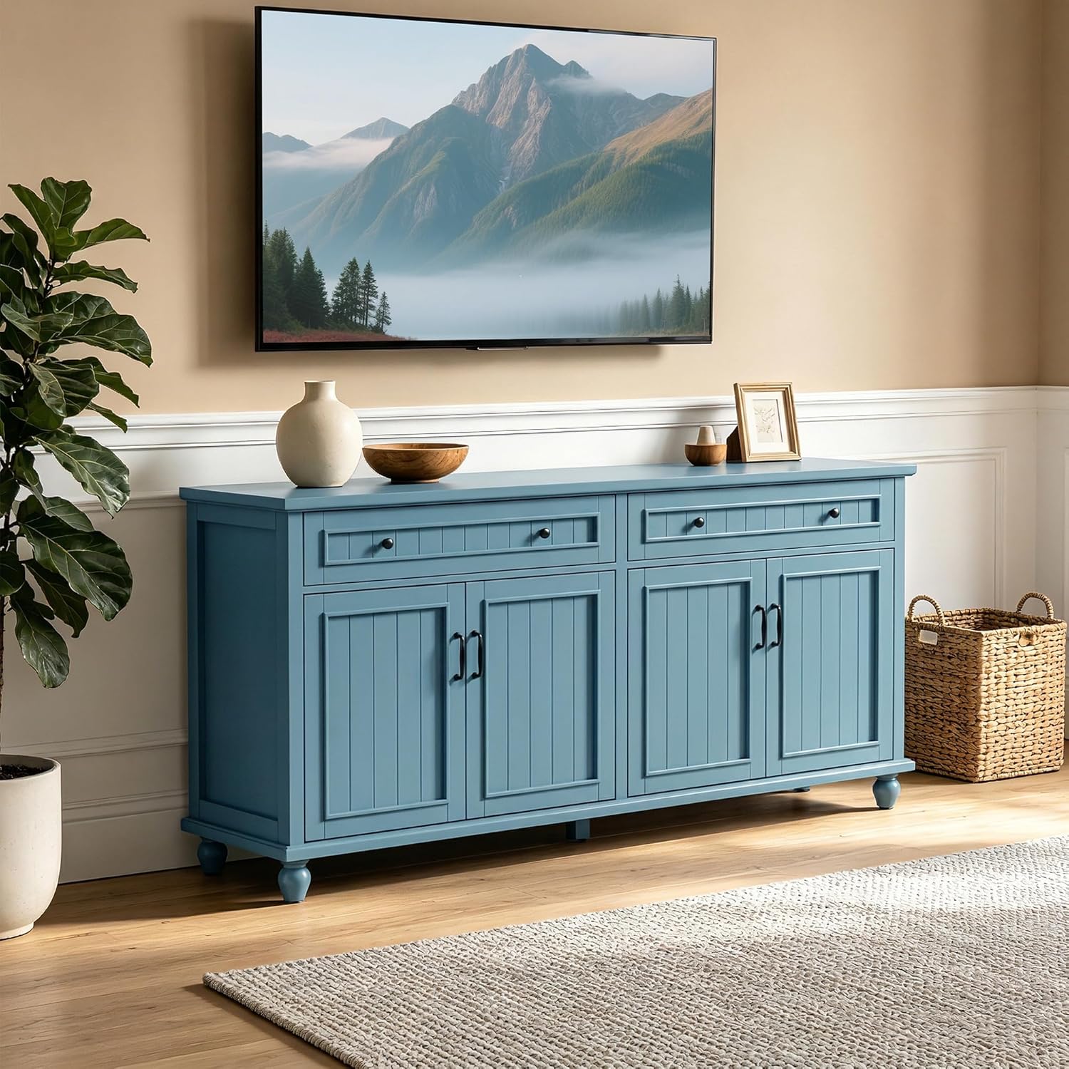 Scurrty Sideboard Buffet Cabinet, 62'' Large Storage Cabinet with Drawers and 4 Doors, Vintage Coffee Bar Cabinets with Adjustable Shelf for Kitchen, Living Room, Blue