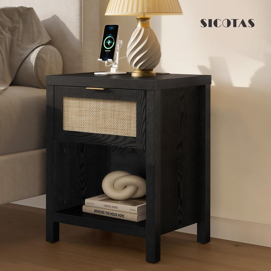SICOTAS Black Rattan Nightstands Set of 2 with Charging Station | Modern Night Stand with Drawer, Bedside Table with USB and Type-C Ports, Bed Side Tables for Bedroom, Black Oak, 2 PCS