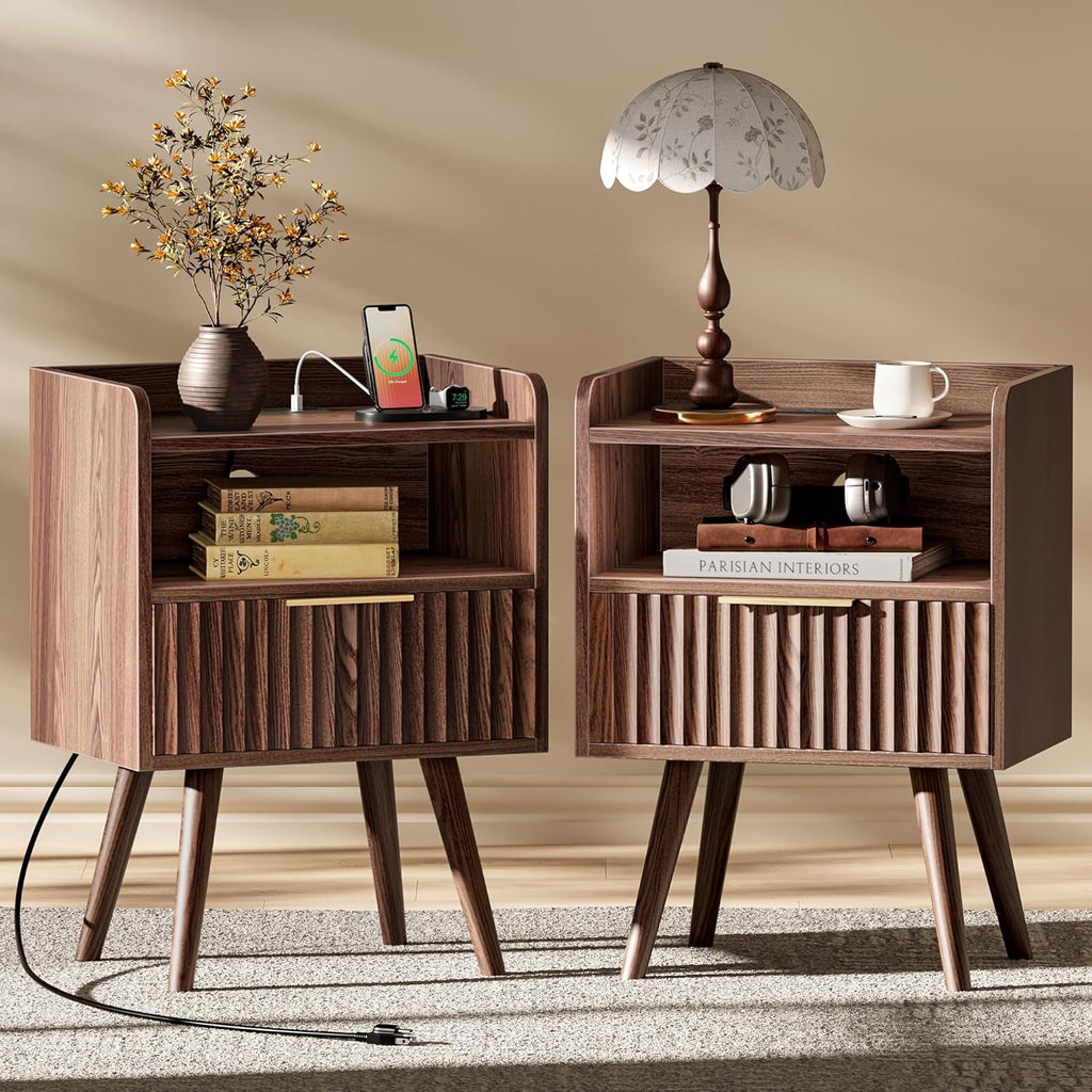 Huuger Nightstand with Charging Station, USB-C Port, Fluted Night Stand Set of 2, Bed Side Table with Drawer, Solid Wood Feet, Open Storage, End Table with Raised Edge, for Bedroom, Walnut