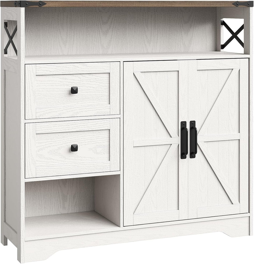 Vabches Farmhouse Buffet Sideboard Cabinet with Drawers and Open Shelf, 38.5" Storage Cabinet with Adjustable Shelves and Door, Modern Coffee Bar Hutch Pantry for Kitchen, Living Room, Entryway, White