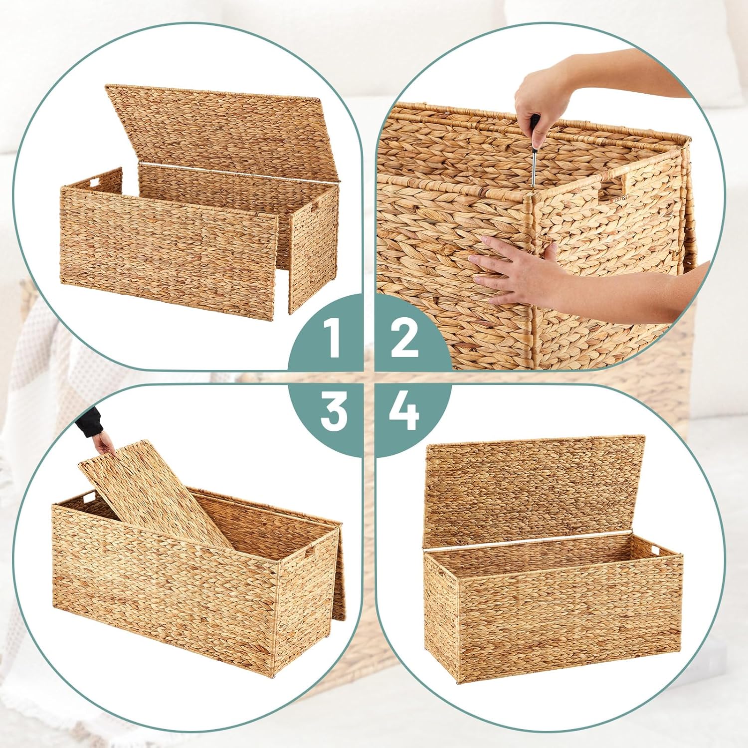 Wonderjune 42 x 20 x 18.5'' Water Hyacinth Wicker Storage Trunk with Metal Frame, Heavy Duty Storage Chest with Lid Large Rattan Basket for Blankets, Seasonal Clothes, Extra Bedding (Natural,Flat Lid)