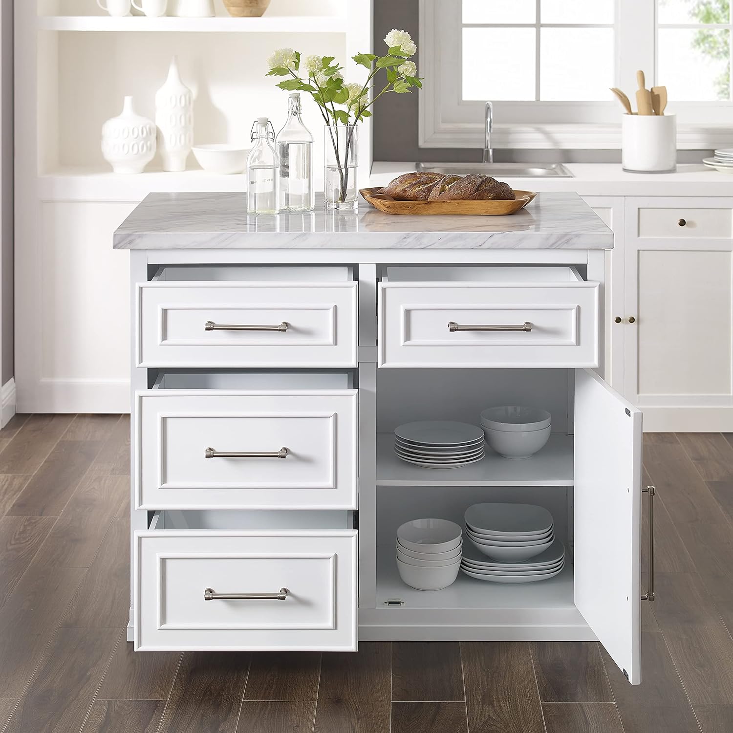 Crosley Furniture Cutler Faux Marble Top Kitchen Island with Storage, Breakfast Bar, Microwave Stand, White