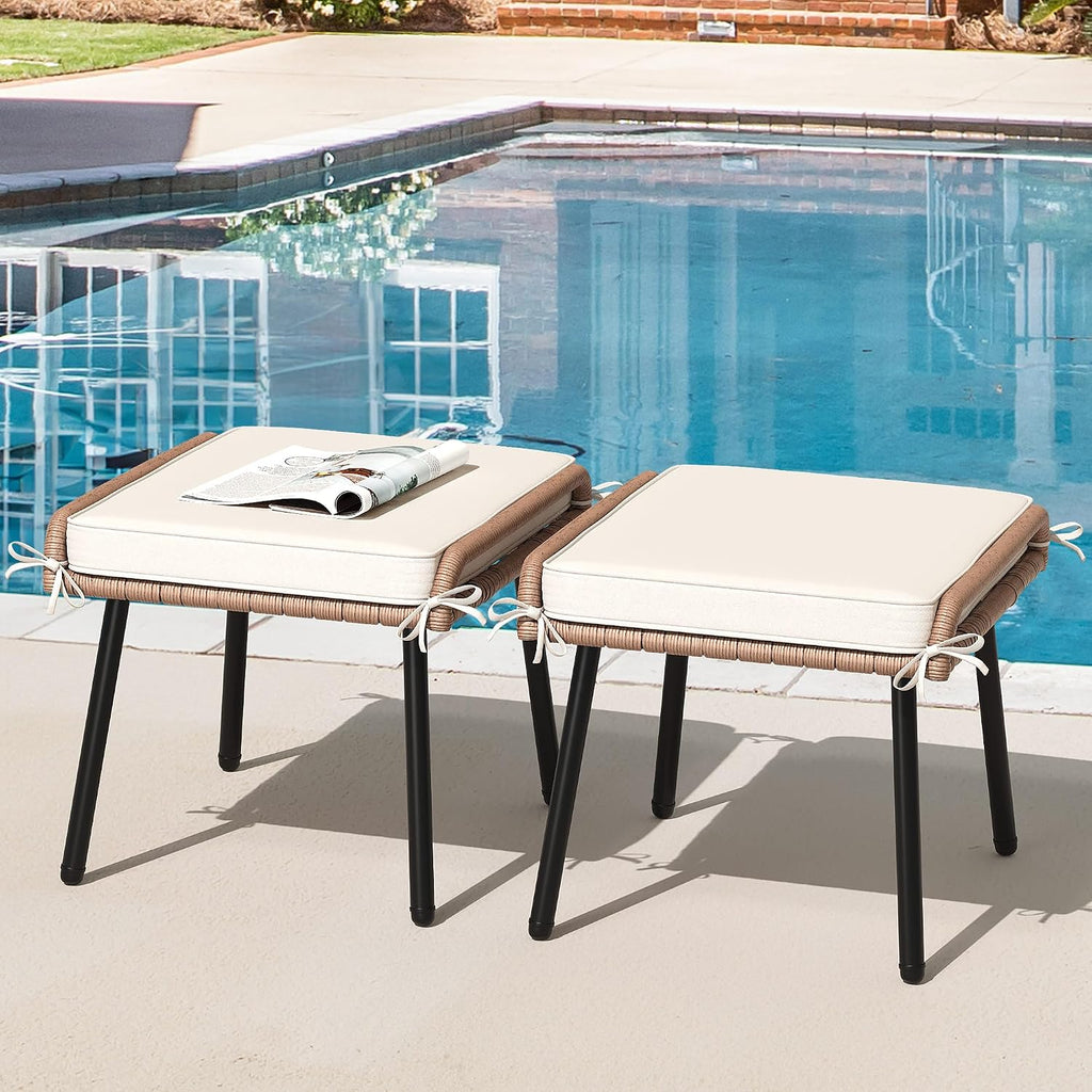 YITAHOME 2-Piece Outdoor Wicker Ottoman, All-Weather Patio Rattan Foot Rest with Cushions - Beige