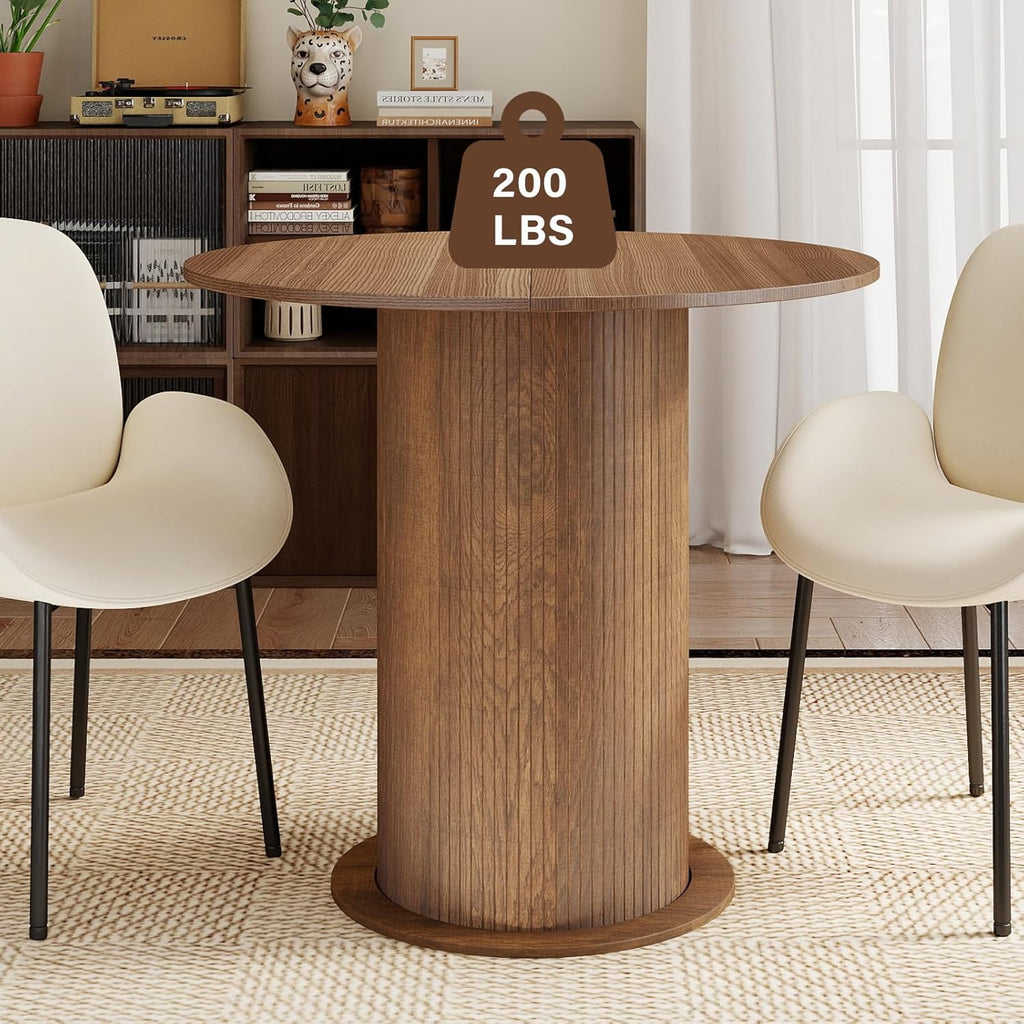 31.5 Inch Round Dining Table with Hidden Storage, Modern Fluted Pedestal Kitchen Table for Small Spaces, Circular Breakfast Nook Table with 2-Layer Shelves for Apartment Studio, Brown