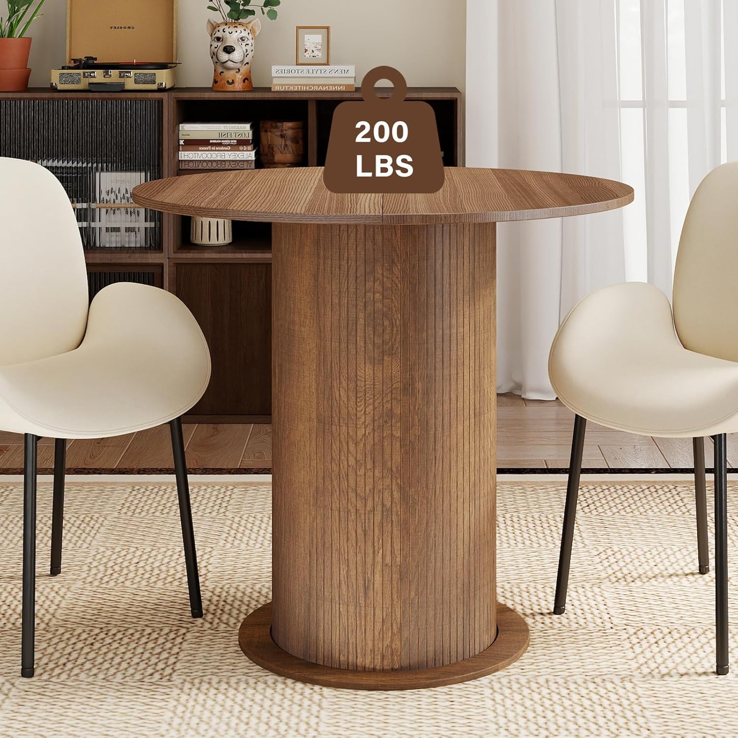 31.5 Inch Round Dining Table with Hidden Storage, Modern Fluted Pedestal Kitchen Table for Small Spaces, Circular Breakfast Nook Table with 2-Layer Shelves for Apartment Studio, Brown
