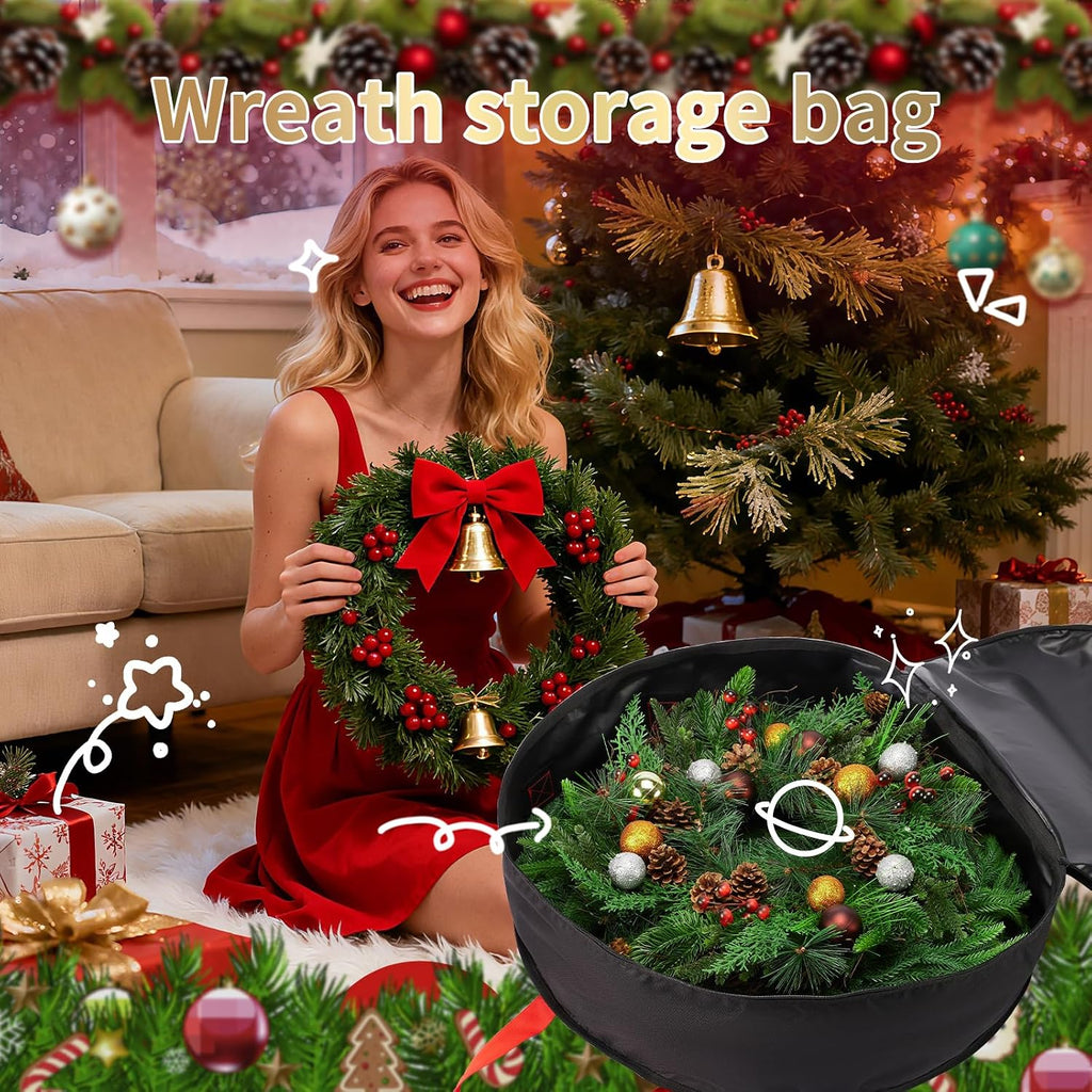 Wreath Storage Bag 24", Christmas Hanging Wreath Storage Container,Heavy-Duty Carrying Handles, Artificial Door Wreaths or Holiday Ornament Organziers,Black