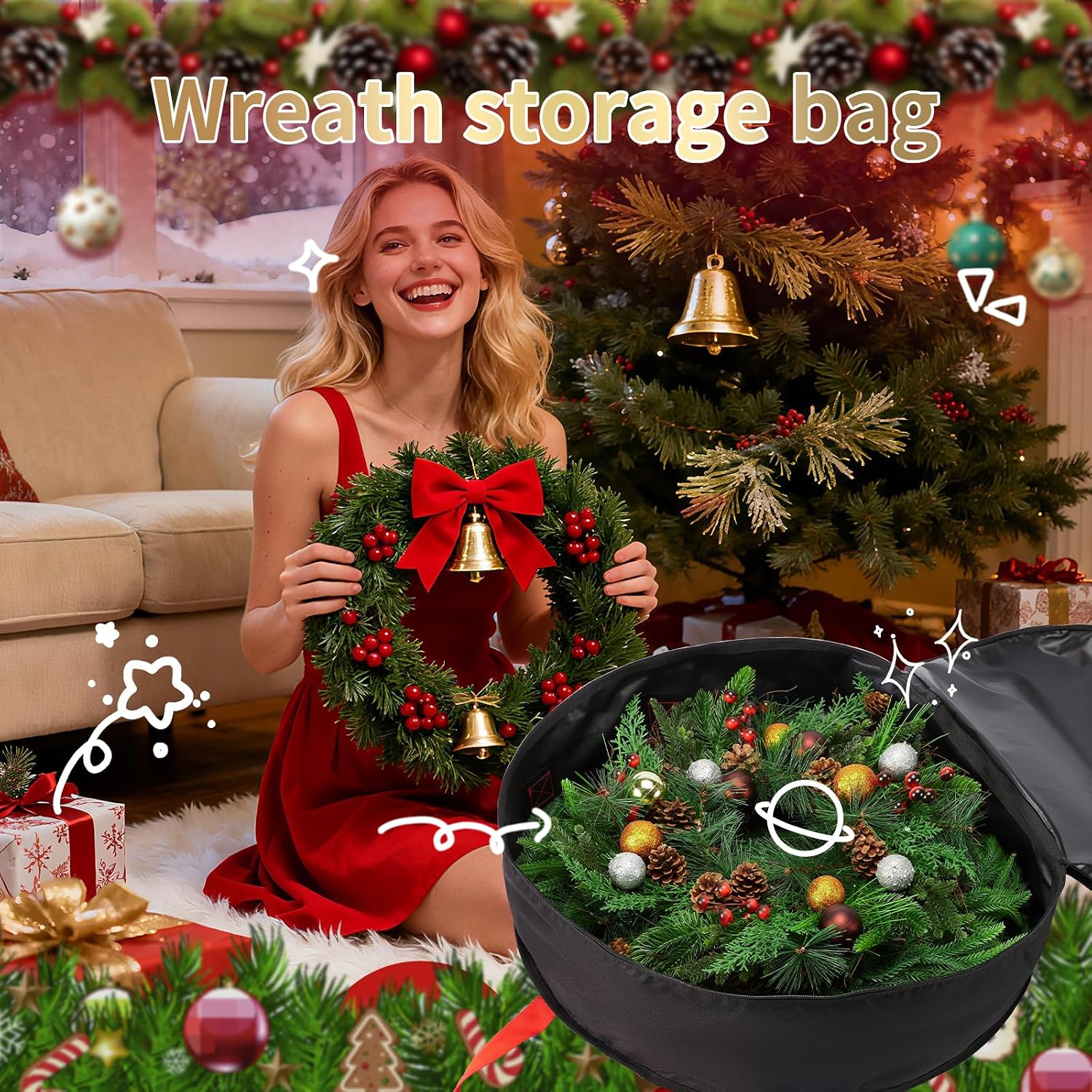 Wreath Storage Bag 24", Christmas Hanging Wreath Storage Container,Heavy-Duty Carrying Handles, Artificial Door Wreaths or Holiday Ornament Organziers,Black