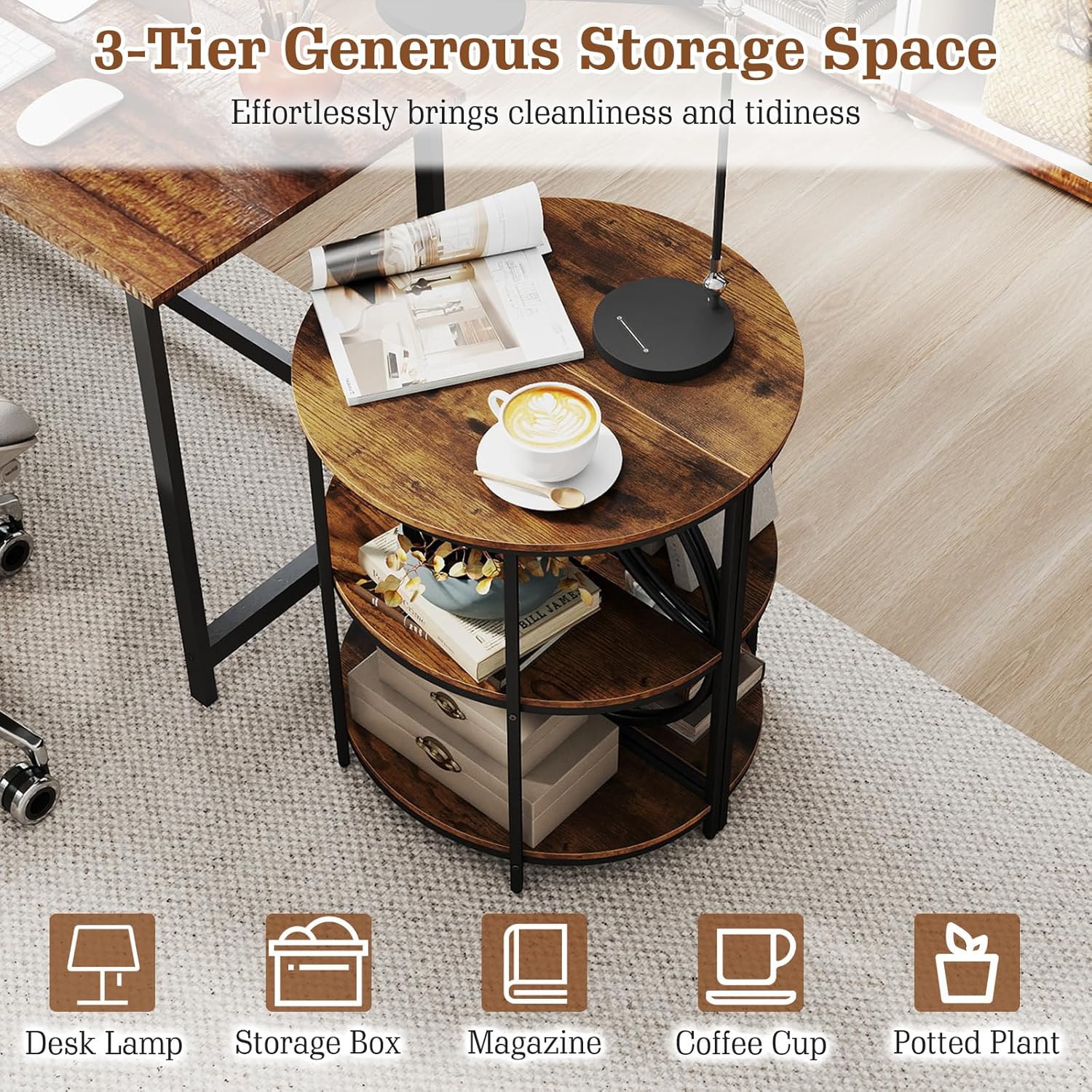 Giantex Half Round End Table - 3-Tier Narrow Sofa Side Table w/Study Metal Frame & Storage Shelves, Half Moon Circle Bedside Night Stand for Living Room Bedroom Small Spaces (Rustic Brown,1)