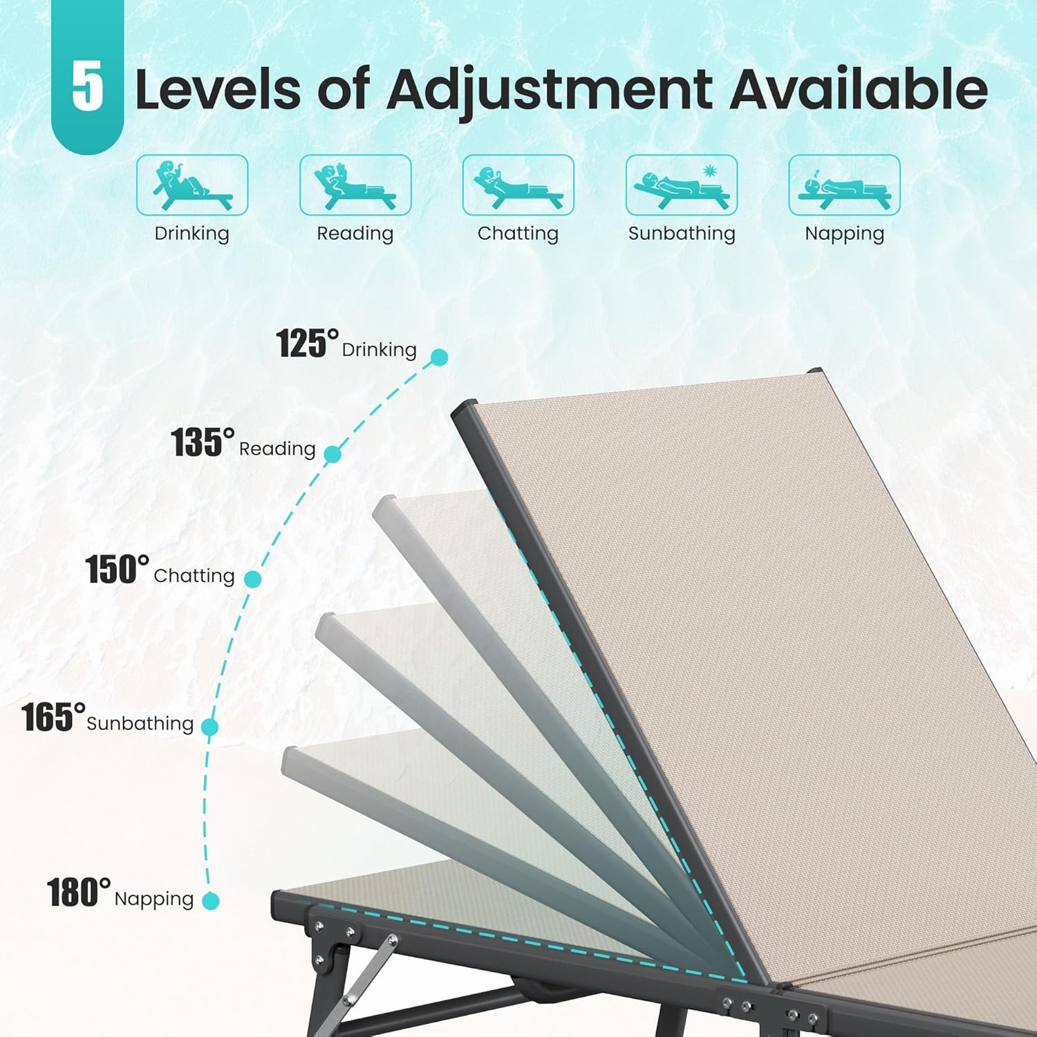 Amopatio Folding Lounge Chairs Chaise Lounge for Outside Portable Pool Lounge Chairs Set of 2 with Side Table for Patio Poolside Deck Yard, Weather Resistant, 5-Position Adjustable Backrest