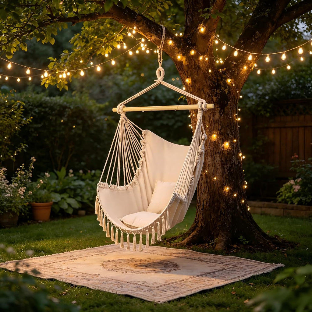 Hammock Chair Hanging Swing, Easy Install Indoor Outdoor Swing Chair with Cushions, Foldable for Bedroom Dorm Camping Patio