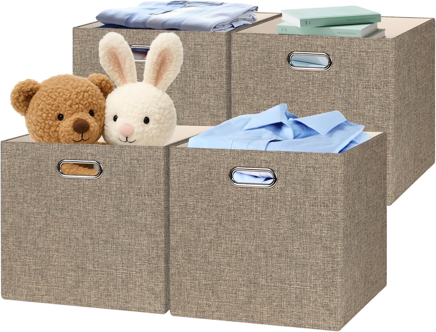 Posprica Collapsible Storage Bins,13×13 Foldable Storage Cube Boxes Fabric Drawer Fabric Storage Bins Vinyl Record Light Coffee, 4 Pack