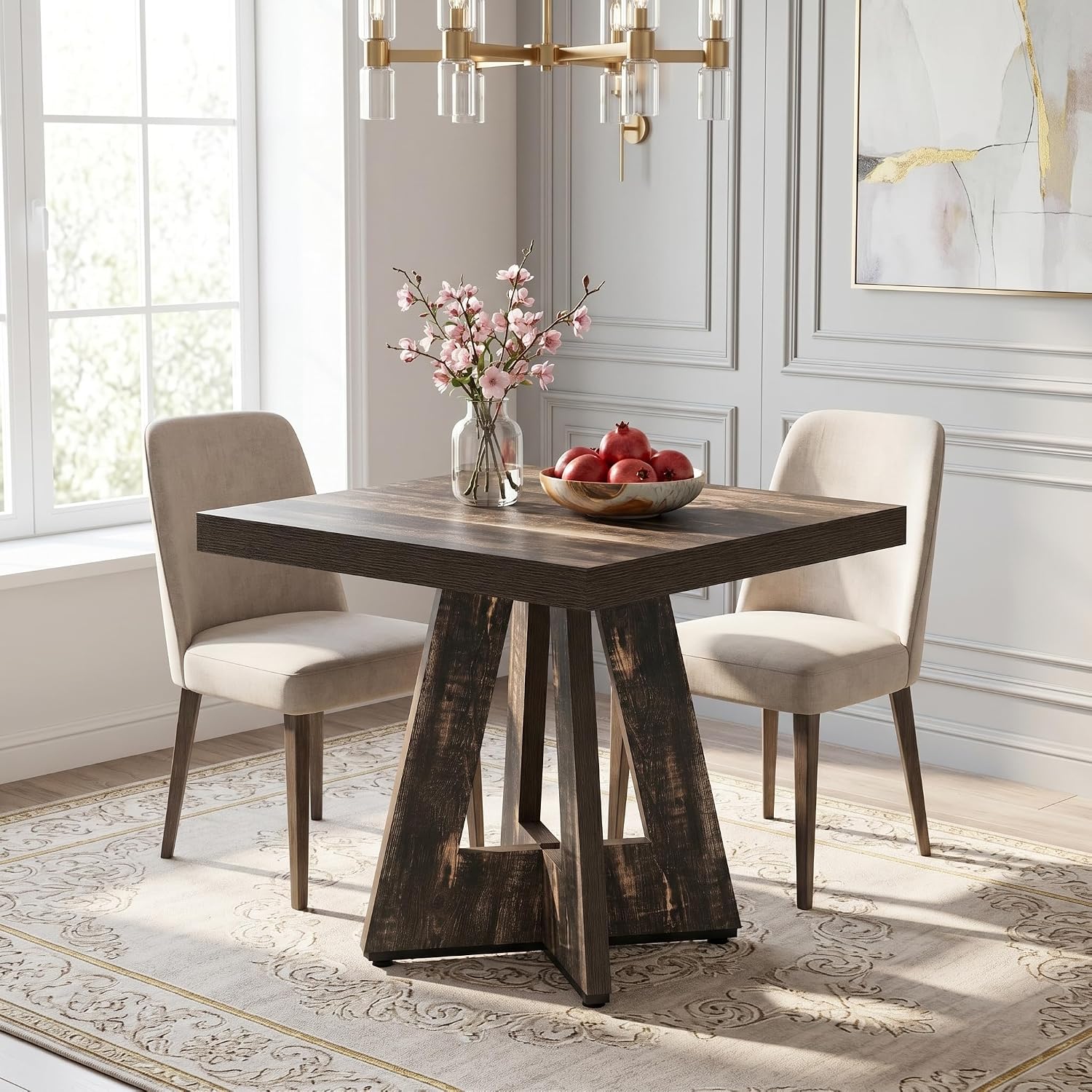 LITTLE TREE 31.5" Square Dining Table for 4, Small Space Kitchen Table with Pedestal Base, Farmhouse Wood Tables for Apartment, Dining Room & Living Room, Ideal for Cafe & Restaurant Use (Black Brown)