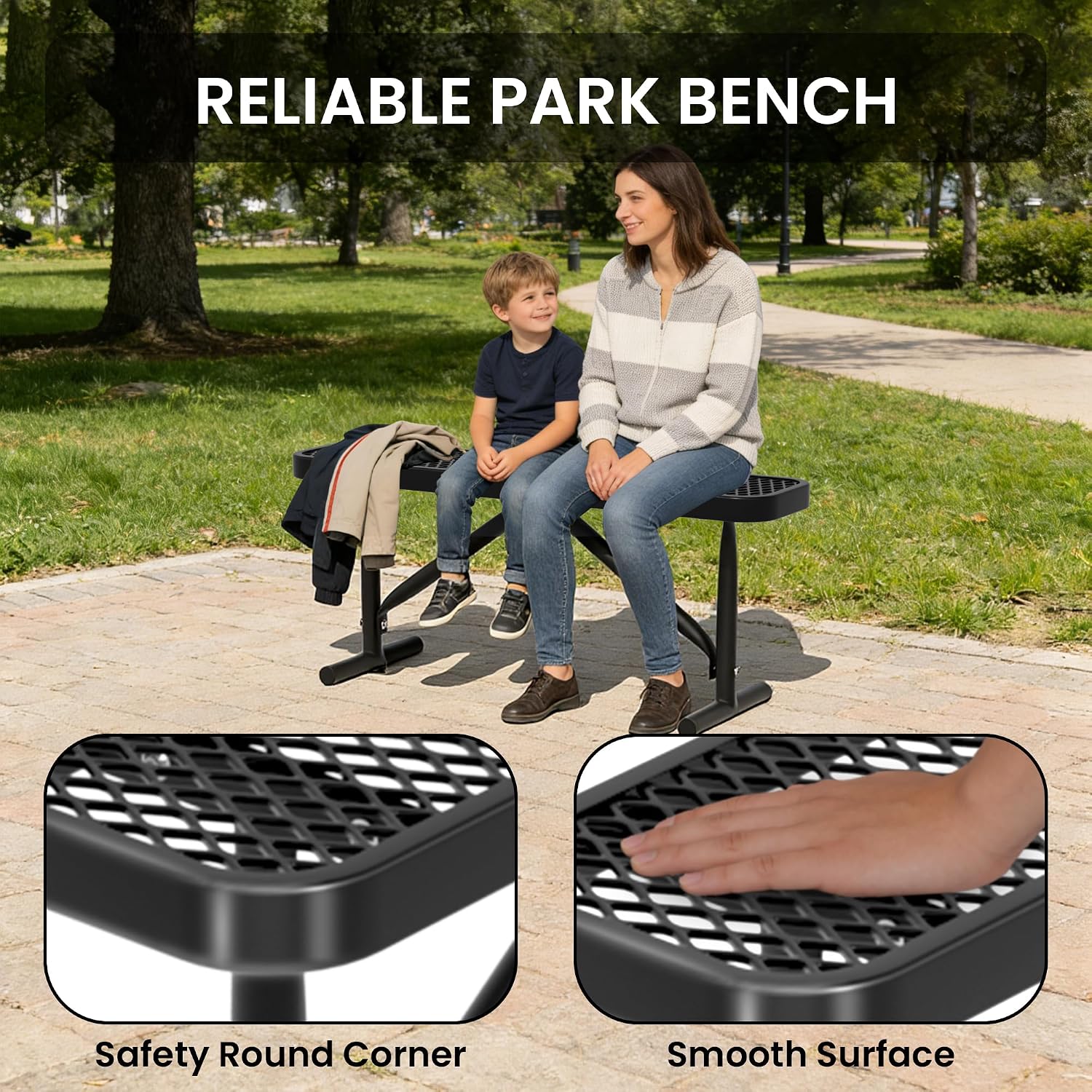 4FT Metal Park Bench for Outside, Heavy-Duty Outdoor Bench with Thermoplastic-Coated, Weatherproof Steel Mesh Bench for Parks, Gardens, Patios, Stores, Black