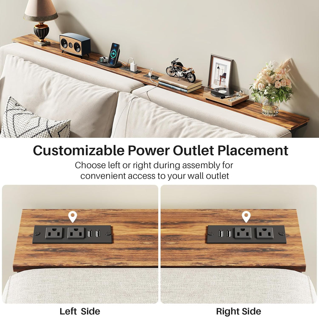 Kitstorack 2-Pack Narrow Console Table with Adjustable Height (25"-33") & 2 Power Outlets, Skinny Behind Couch Table, 78.8" Long x 5.9" Wide Sofa Side Table for Living Room, Rustic Brown