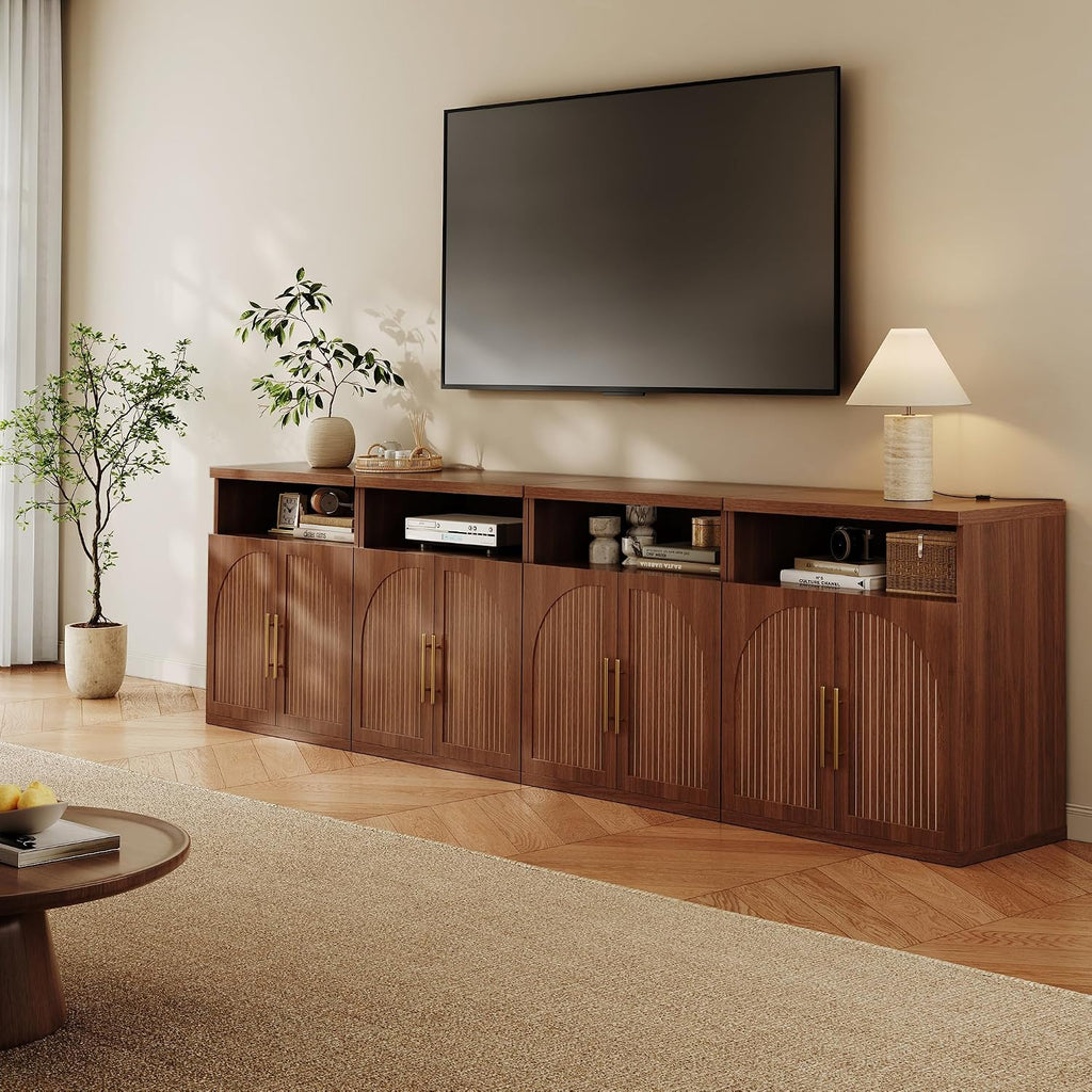Fluted Buffet Cabinet with Storage, 31.5" Wide Wood Sideboard Credenza with Open Storage Shelf & Adjustable Shelves, Modern Kitchen Entryway Accent Table for Dining Room Living Room Hallway, Walnut
