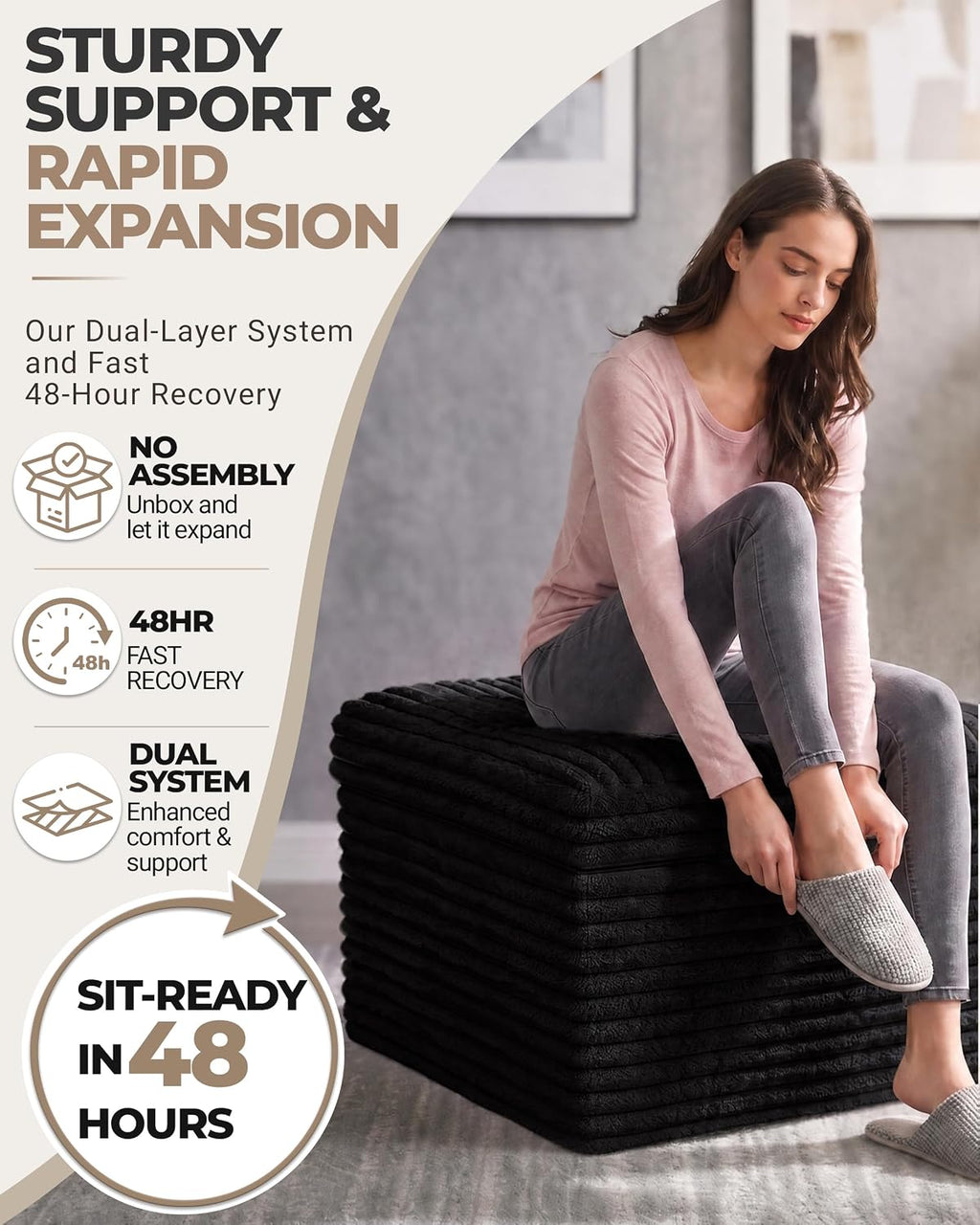 23.6in Pouf Ottoman, Corduroy Ottoman Foot Rest with Dual‑Layer Support, Large Poofy Pouf with Soft Chunk‑Foam Top & Firm Foam Base, Floor Foot Stool for Living Room, Black