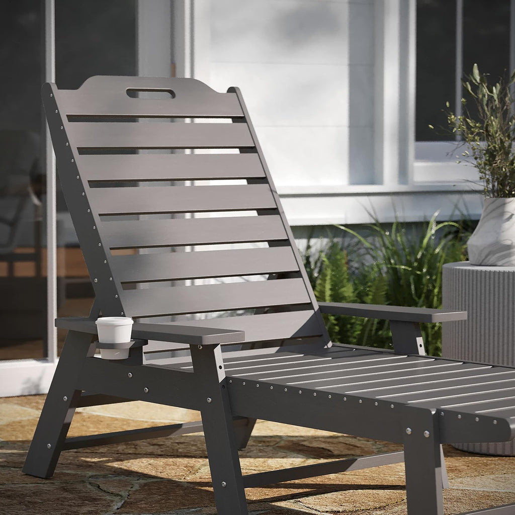 Taylor & Logan Edgley Adjustable Adirondack Lounger with Cup Holder- All-Weather Indoor/Outdoor HDPE Lounge Chair in Gray