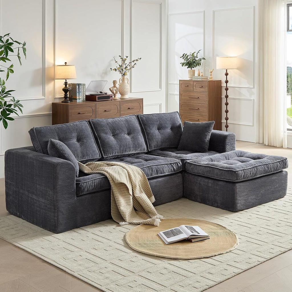 ROXGOX Modular Sectional Sofa, Modern Boneless Couch with L-Shape Chaise, Home Sectional Comfy Sofa Set for Living Room Bedroom and Floor, Plush Corduroy, No Assembly Required (Gray)
