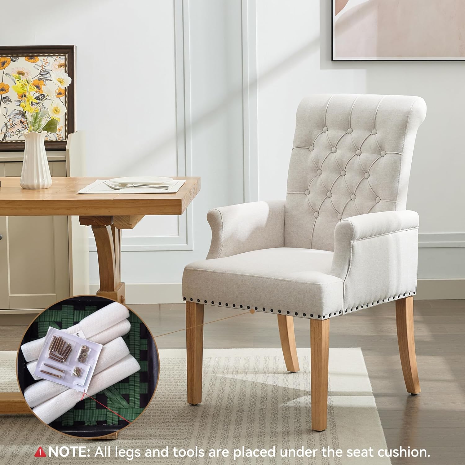WUTUTUEE Fabric Dining Chair with Arms, Upholstered Tufted High Back Dining Room Chairs, Accent Armchair with Solid Wood Leg and Nailhead Trim, Kitchen Dining Living Room, Beige