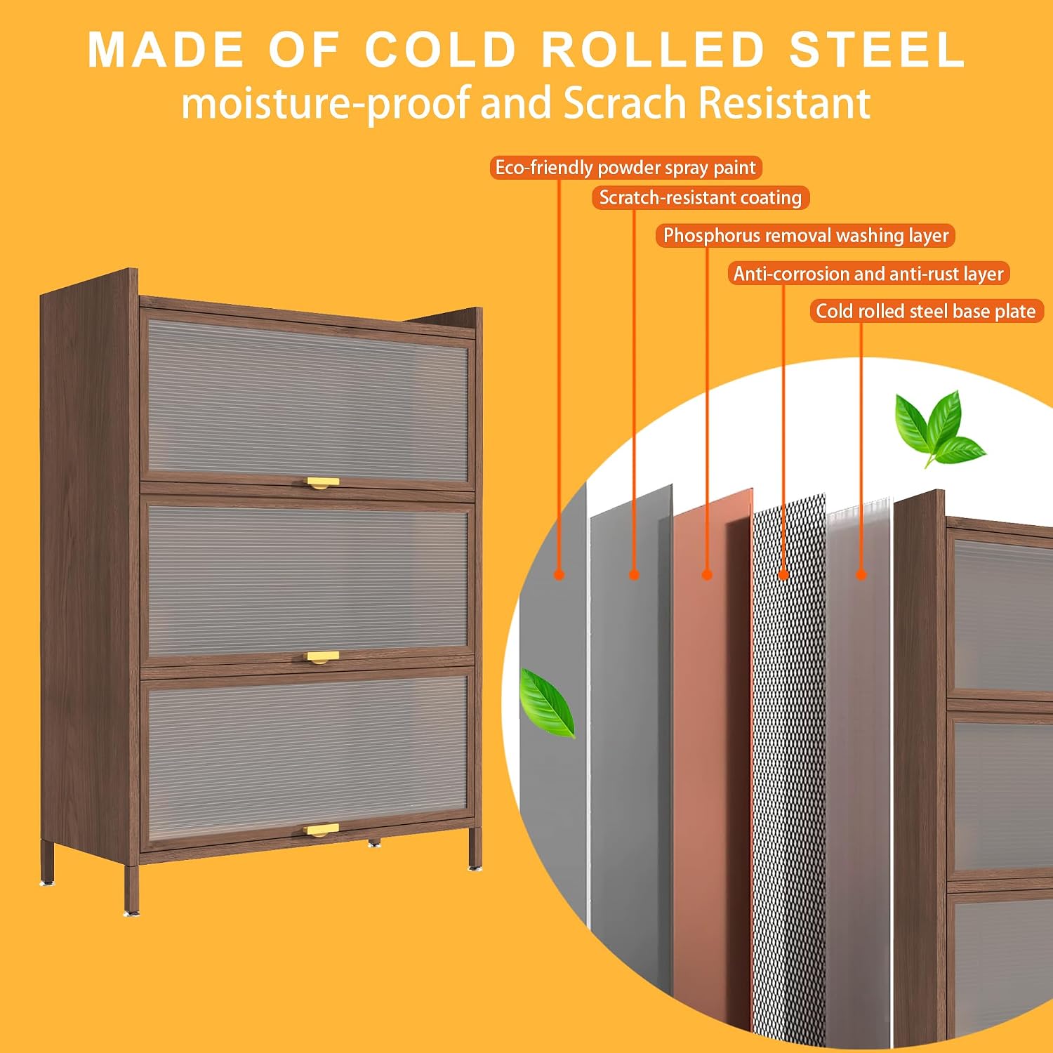 44'' Tall Metal Kitchen Storage Cabinet with 3 Flip-up Doors, Freestanding Pantry Cabinet with Adjustable Feet, 4-Tier Microwave Stand with Storage Rack for Kitchen Dining Living Room (4-Tier, Walnut)