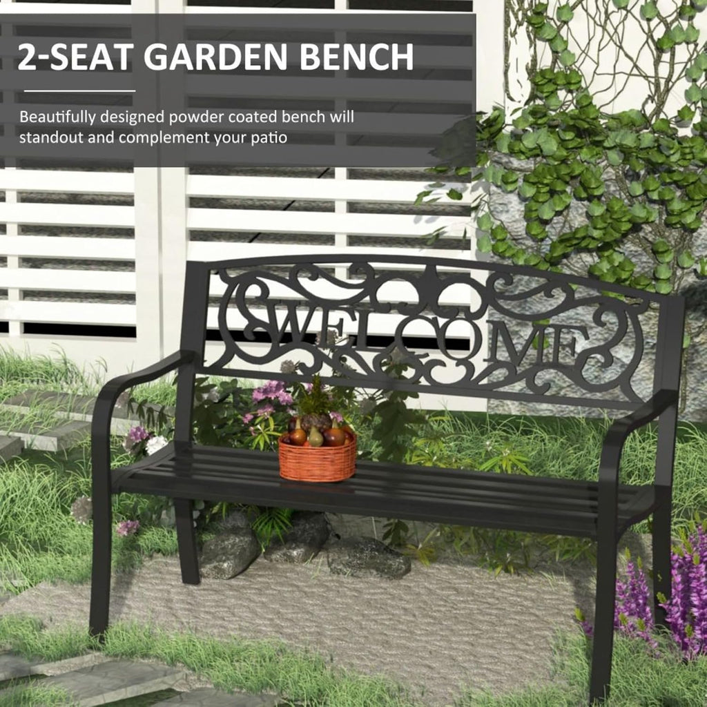 Hassyee Modern Garden Bench Loveseat with Cast Iron Decorative Welcome Vines, Outdoor Seating Benches for Lawn, Park and Backyard