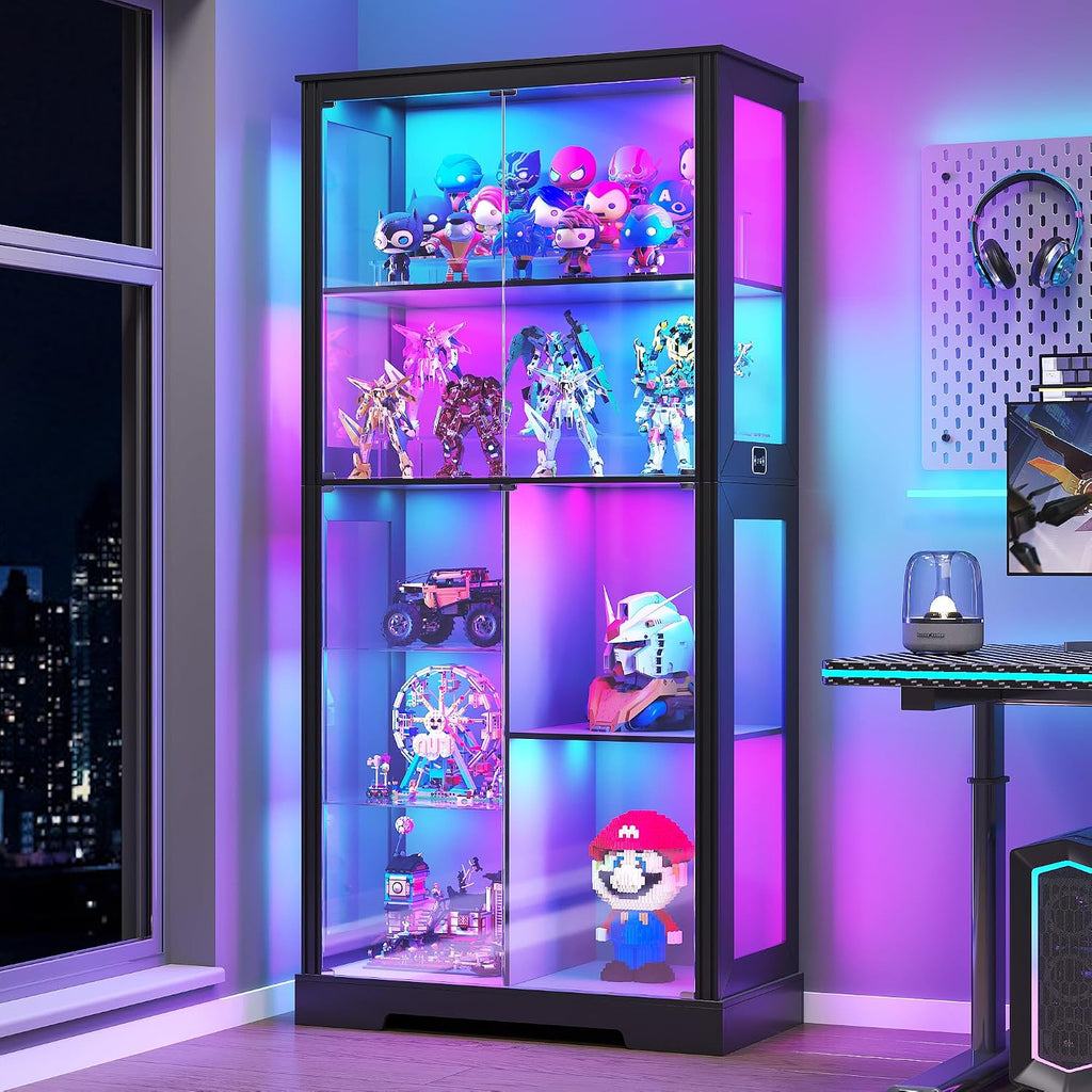 Gurexl Display Cabinet with Motion Sensor LED Lights, Glass Curio Cabinet with Adjustable Shelves & Glass Door, Modern Tall Display Case for Collectibles, Toys, Figures, Ideal for Living Room, Black