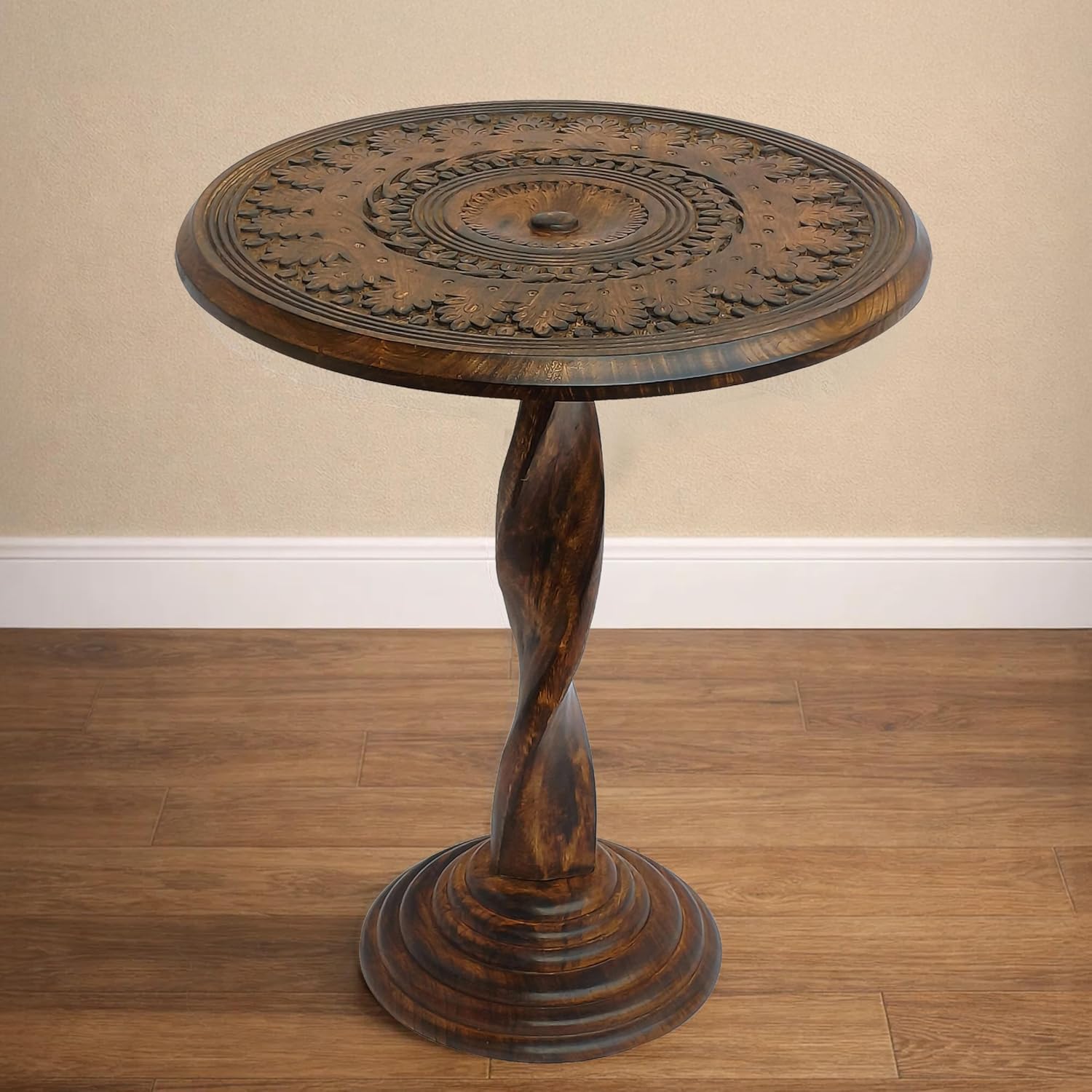 TUP THE URBAN PORT Jem 22 Inch Side End Table, Round Top, Hand Carved Boho Mandala Design with Twisted Base, Brown Mango Wood