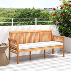 COSTWAY Wooden Outdoor Bench with White Cushion, Garden Bench with Curved Armrest & Slatted Back for Patio, Park & Porch, 23”x 62.5”x30.5”