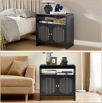 23.6" Modern Black Nightstand Set of 2 with Chariging Station 2AC+USB+Type-C, Classic Striped Side Table with Door+Storage Shelf, Rectangle End Table for Living Room, Bedroom (2, Black)