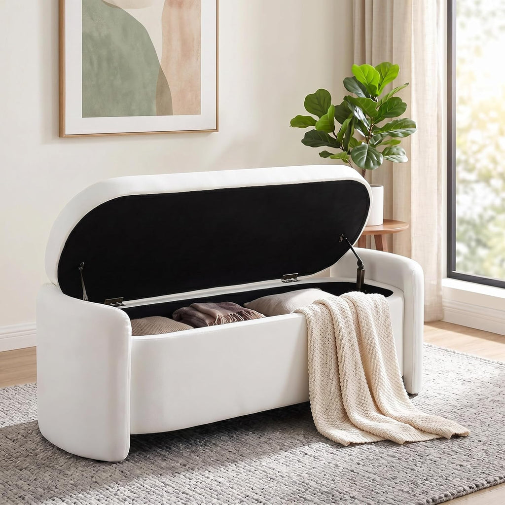 48.8" Modern Velvet Storage Ottoman Bench, Upholstered Fabric Storage Bench for Bedroom End of Bed, Large Oval Storage Ottoman for Living Room Entryway Hallway, White
